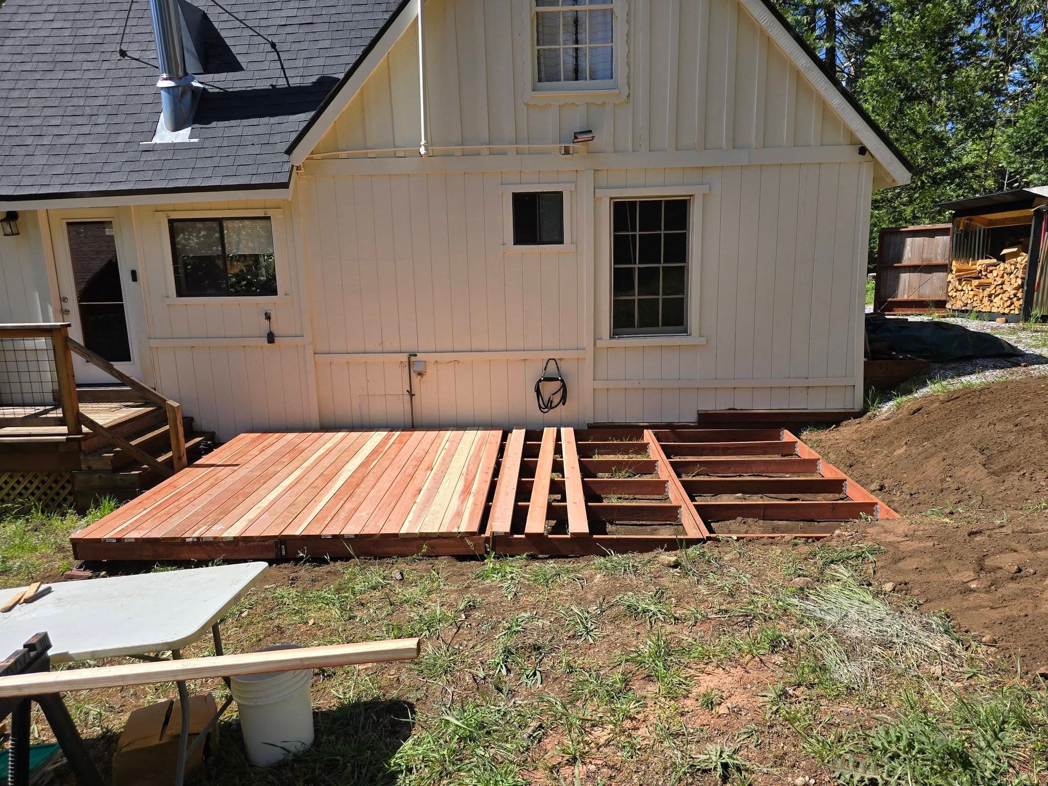 New back-yard deck build — fresh framing and decking